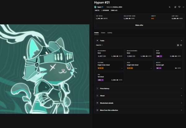 Один из первых пользователей Hyperliquid продал NFT Hypurr за 467 тысяч долларов
