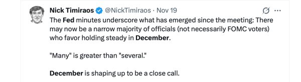 CME Futures и рынки ставок сходятся во мнении о возможном снижении ставки Федеральным резервом на четверть пункта в декабре