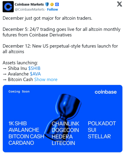 
                    5 декабря Coinbase запустит круглосуточную торговлю фьючерсами на альткоины                