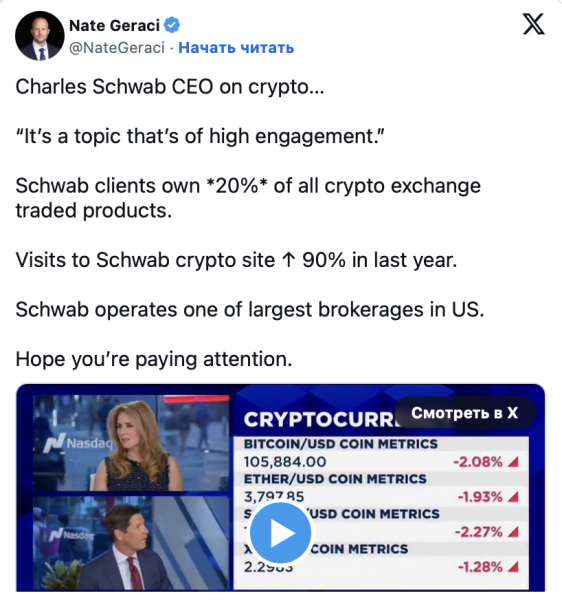 Charles Schwab с активами на $12 трлн угрожает криптобиржам США Charles Schwab с активами на $12 трлн угрожает криптобиржам США