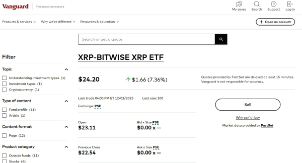 Пользователи Vanguard не могут приобрести добавленный XRP-ETF