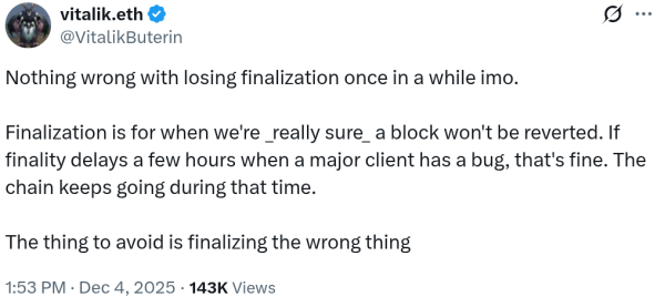 Виталик Бутерин: периодическая потеря финализации не угрожает Ethereum Виталик Бутерин: периодическая потеря финализации не угрожает Ethereum